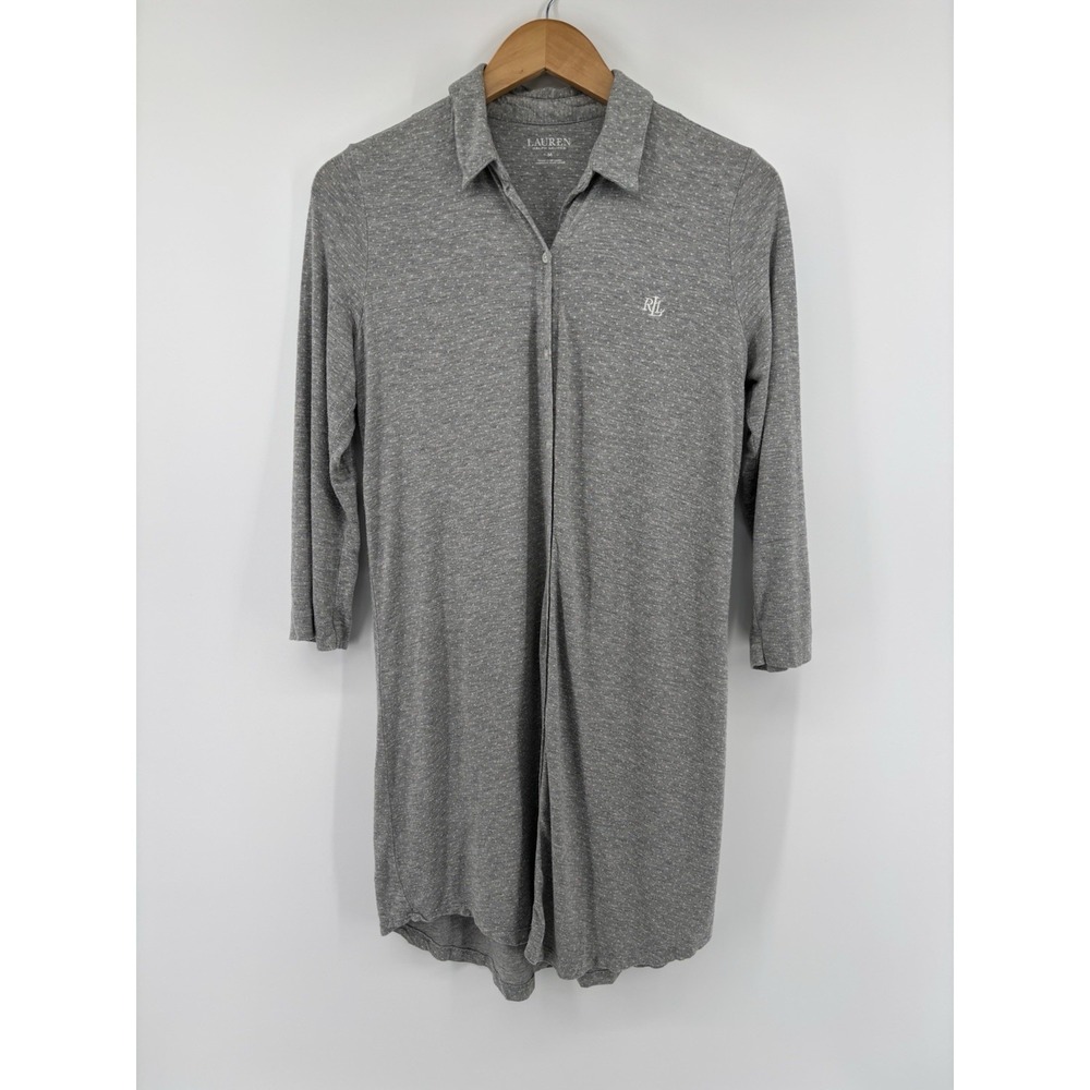 Lauren Ralph Lauren Gray Sleepshirt Sz M Nightgown 3/4 Sleeve Polka Dot